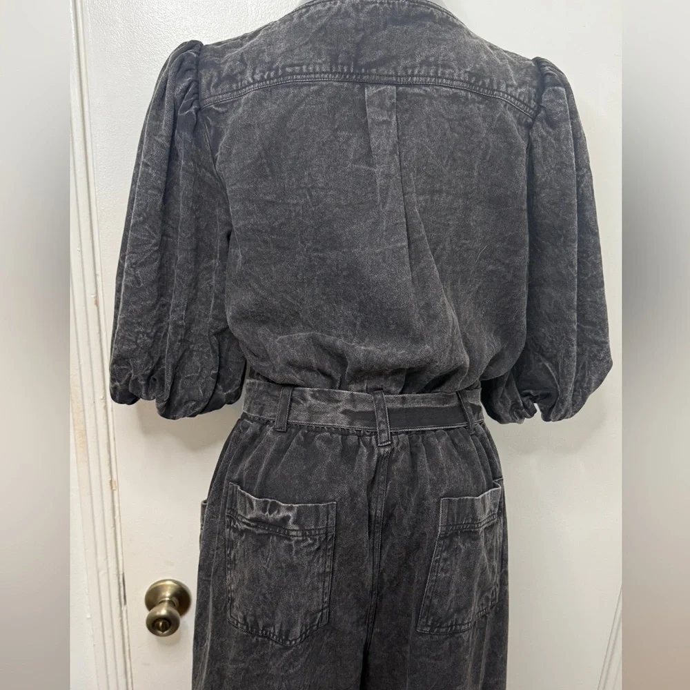 Anthropologie Othilia Acid Wash Puff Sleeve Utility Jumpsuit Charcoal Gray M - Picture 4 of 16